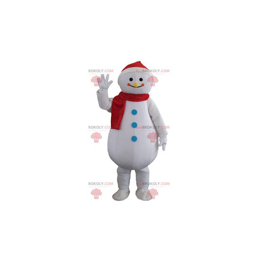 Mascote gigante e sorridente do boneco de neve branco -