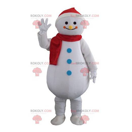 Mascotte de bonhomme de neige blanc géant et souriant -