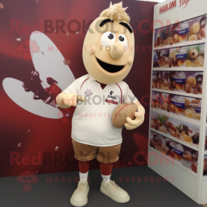 Cream Plum mascot costume character dressed with a Rugby Shirt and Shoe clips