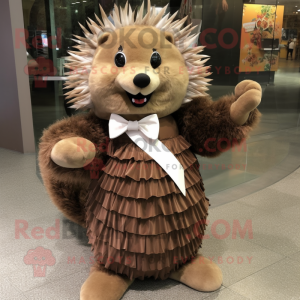 Brown Porcupine mascot costume character dressed with a Evening Gown and Bow ties