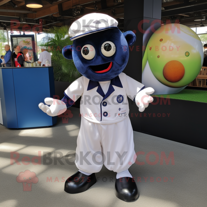 Navy Petanque Ball mascot costume character dressed with a Poplin Shirt and Bracelets