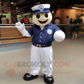 Navy Petanque Ball mascot costume character dressed with a Poplin Shirt and Bracelets