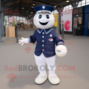 Navy Petanque Ball mascot costume character dressed with a Poplin Shirt and Bracelets