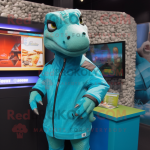 Turquoise Komodo Dragon mascot costume character dressed with a Jacket and Earrings