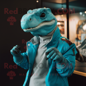 Turquoise Komodo Dragon mascot costume character dressed with a Jacket and Earrings