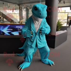 Turquoise Komodo Dragon mascot costume character dressed with a Jacket and Earrings