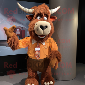 Rust Yak mascot costume character dressed with a Romper and Bow ties