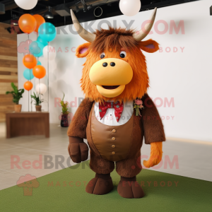 Rust Yak mascot costume character dressed with a Romper and Bow ties