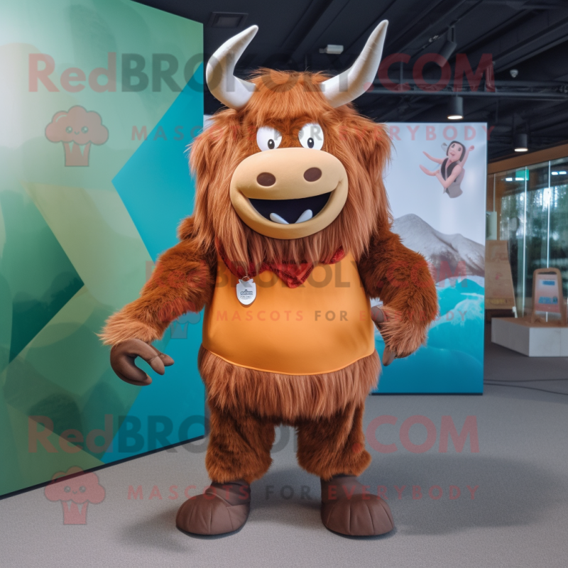 Rust Yak mascot costume character dressed with a Romper and Bow ties Rust Yak mascot costume character dressed with a Romper and Bow ties