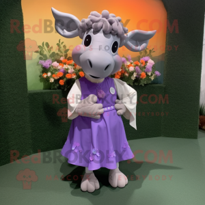 Lavender Bull mascot costume character dressed with a Wrap Dress and Hair clips