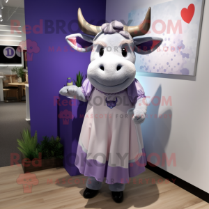 Lavender Bull mascot costume character dressed with a Wrap Dress and Hair clips