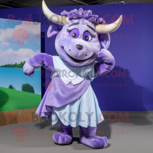 Lavender Bull mascot costume character dressed with a Wrap Dress and Hair clips