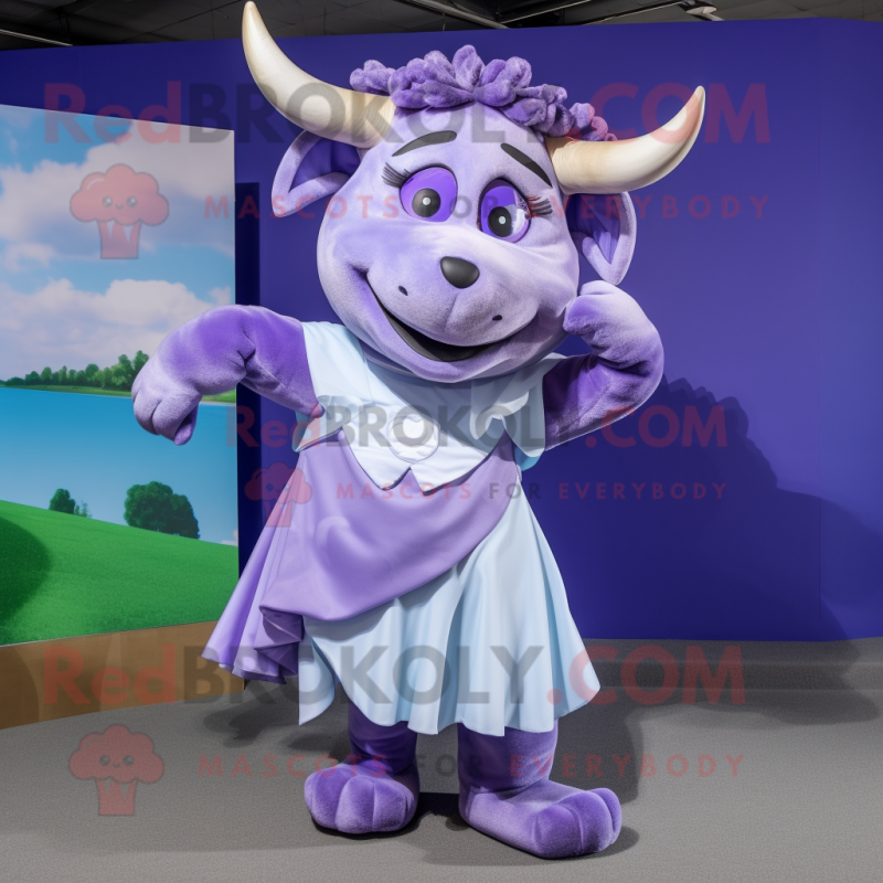 Lavender Bull mascot costume character dressed with a Wrap Dress and Hair clips Lavender Bull mascot costume character dressed with a Wrap Dress and Hair clips