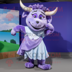 Lavender Bull mascot costume character dressed with a Wrap Dress and Hair clips