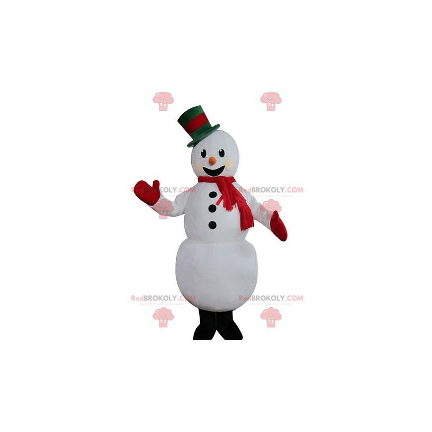 Mascote lindo boneco de neve branco muito sorridente -