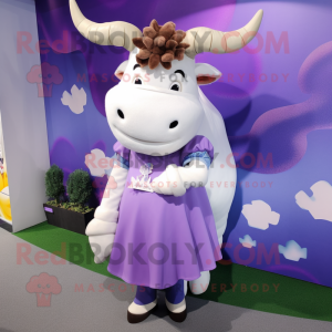 Lavender Bull mascot costume character dressed with a Wrap Dress and Hair clips