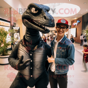 Black Utahraptor mascot costume character dressed with a Boyfriend Jeans and Tie pins