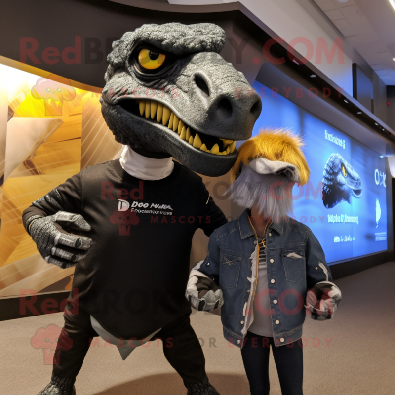 Black Utahraptor mascot costume character dressed with a Boyfriend Jeans and Tie pins