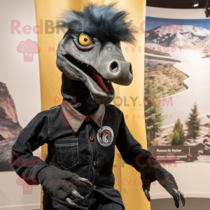 Black Utahraptor mascot costume character dressed with a Boyfriend Jeans and Tie pins
