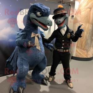 Black Utahraptor mascot costume character dressed with a Boyfriend Jeans and Tie pins