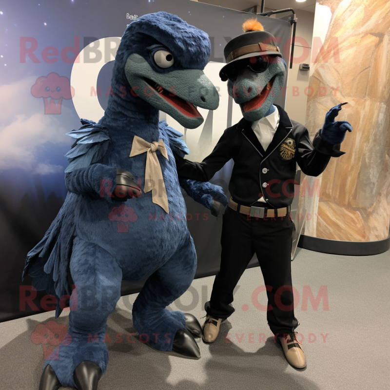 Black Utahraptor mascot costume character dressed with a Boyfriend Jeans and Tie pins Black Utahraptor mascot costume character dressed with a Boyfriend Jeans and Tie pins