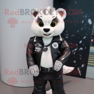 White Civet mascot costume character dressed with a Biker Jacket and Wallets