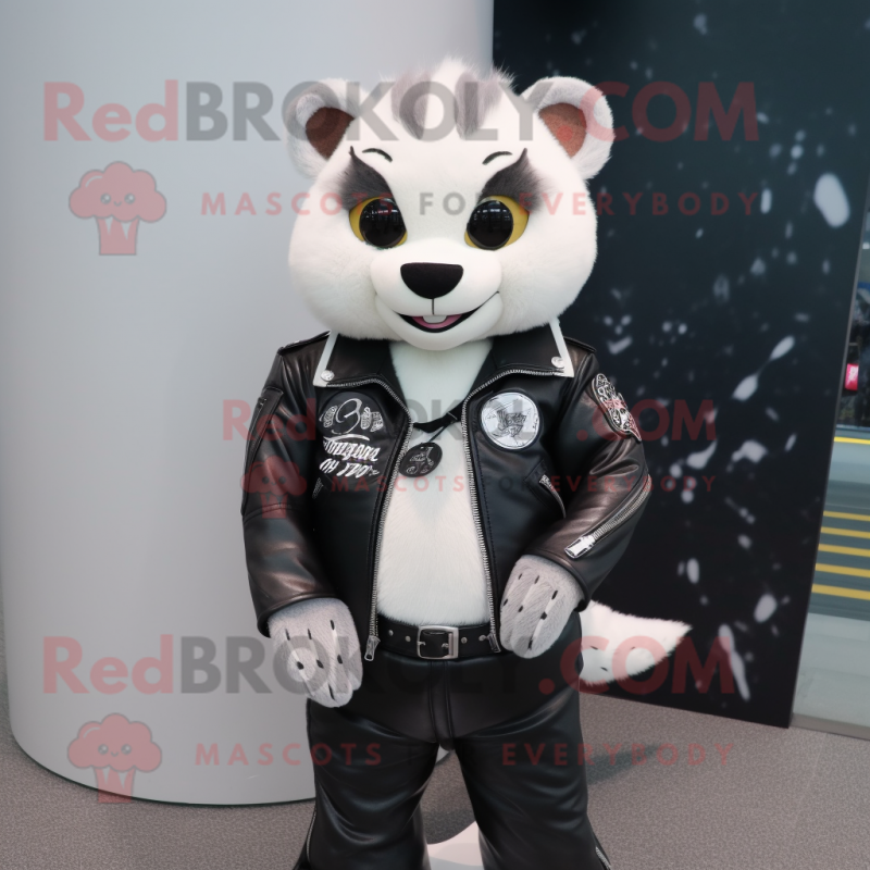 White Civet mascot costume character dressed with a Biker Jacket and Wallets White Civet mascot costume character dressed with a Biker Jacket and Wallets