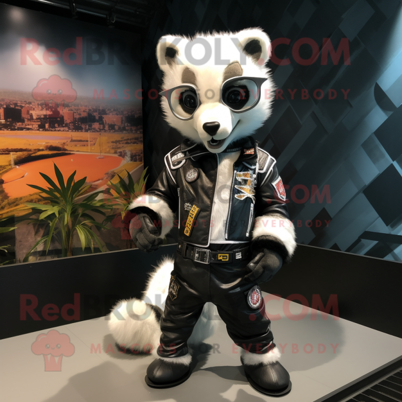 White Civet mascot costume character dressed with a Biker Jacket and Wallets