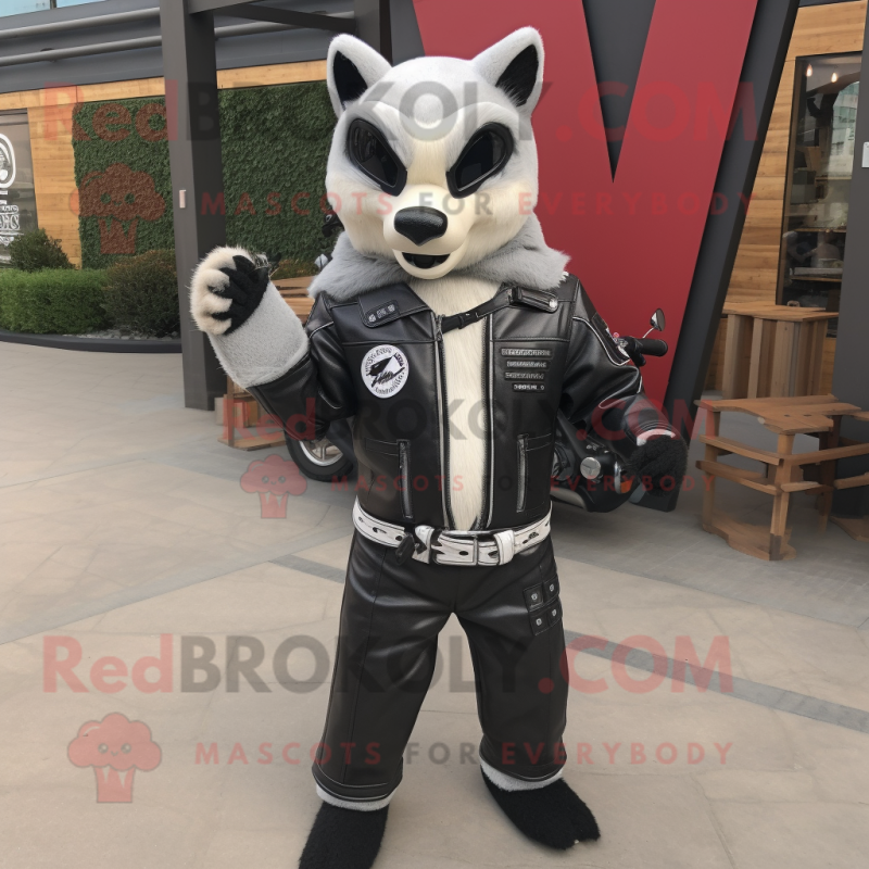 White Civet mascot costume character dressed with a Biker Jacket and Wallets