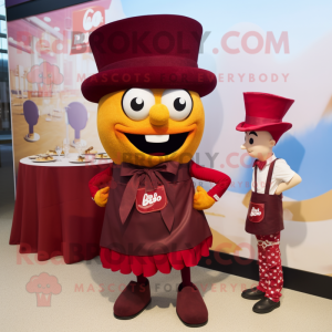 Maroon Paella mascot costume character dressed with a Wrap Skirt and Bow ties
