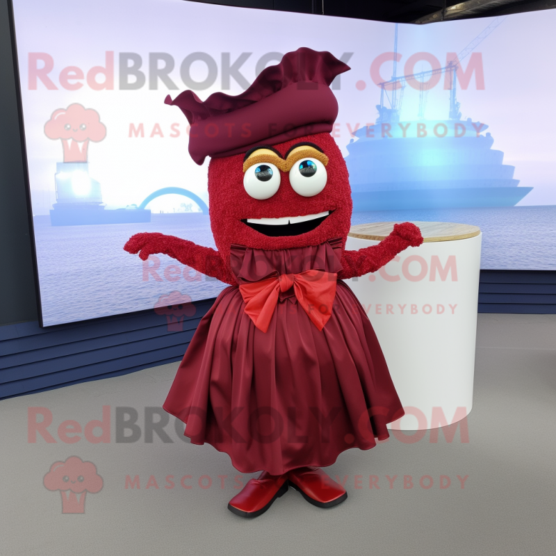 Maroon Paella mascot costume character dressed with a Wrap Skirt and Bow ties Maroon Paella mascot costume character dressed with a Wrap Skirt and Bow ties