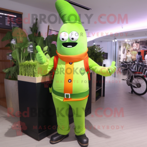 Lime Green Carrot mascot costume character dressed with a Moto Jacket and Bracelet watches