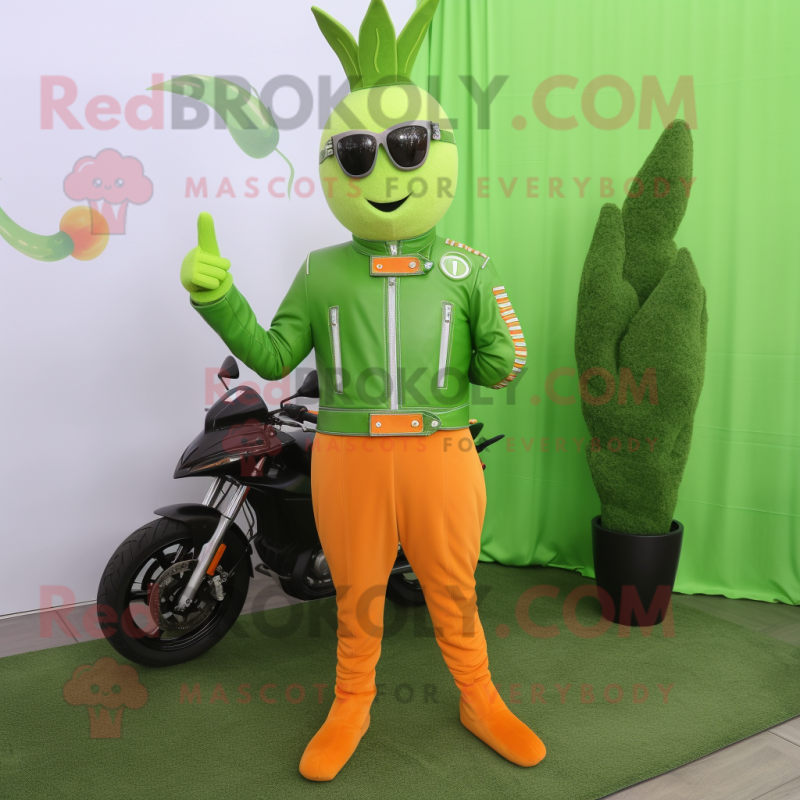 Lime Green Carrot mascot costume character dressed with a Moto Jacket and Bracelet watches