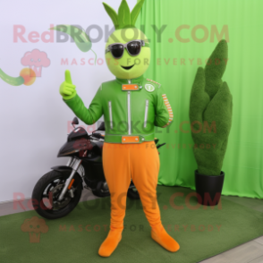 Lime Green Carrot mascot costume character dressed with a Moto Jacket and Bracelet watches