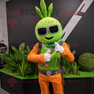 Lime Green Carrot mascot costume character dressed with a Moto Jacket and Bracelet watches