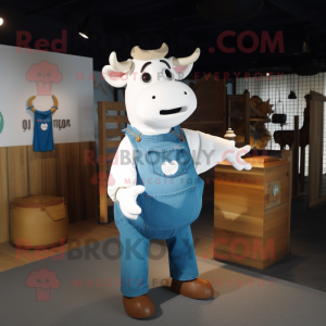 White Cow mascot costume character dressed with a Denim Shirt and Tote bags