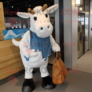 White Cow mascot costume character dressed with a Denim Shirt and Tote bags