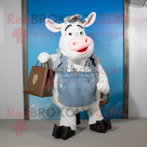 White Cow mascot costume character dressed with a Denim Shirt and Tote bags
