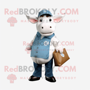 White Cow mascot costume character dressed with a Denim Shirt and Tote bags