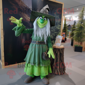 Forest Green Witch mascot costume character dressed with a Chambray Shirt and Cummerbunds