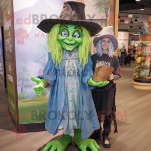 Forest Green Witch mascot costume character dressed with a Chambray Shirt and Cummerbunds