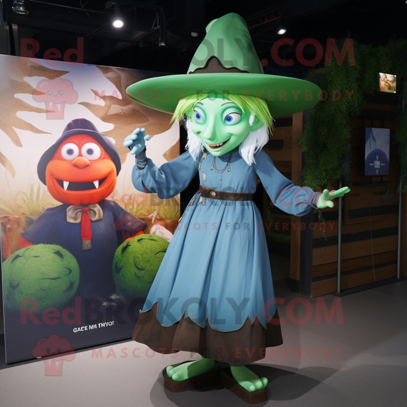 Forest Green Witch mascot costume character dressed with a Chambray Shirt and Cummerbunds