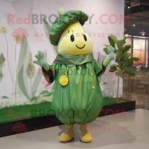 Olive Turnip mascot costume character dressed with a Raincoat and Hairpins