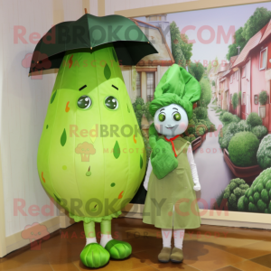 Olive Turnip mascot costume character dressed with a Raincoat and Hairpins