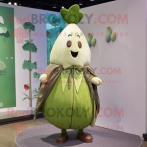 Olive Turnip mascot costume character dressed with a Raincoat and Hairpins