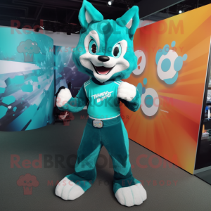 Teal Fox mascot costume character dressed with a Bodysuit and Rings