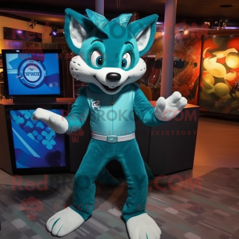 Teal Fox mascot costume character dressed with a Bodysuit and Rings