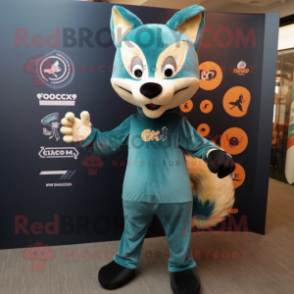 Teal Fox mascot costume character dressed with a Bodysuit and Rings