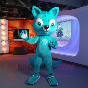 Teal Fox mascot costume character dressed with a Bodysuit and Rings