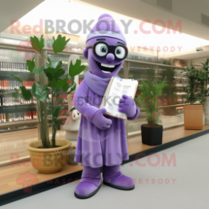 Lavender Chief mascot costume character dressed with a Jumpsuit and Reading glasses